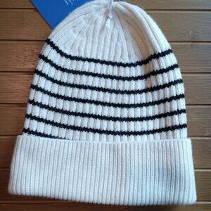 LALIGNE Beanie Hat NWT Black Cream White Striped One Size Ribbed Cuff 6% Wool